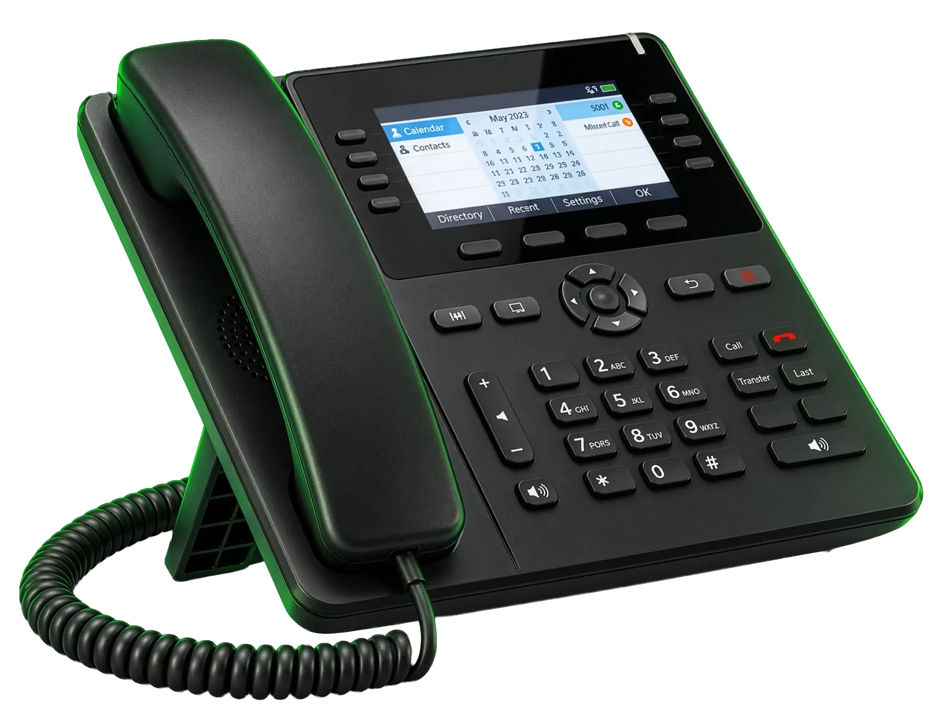 Black office desk phone with handset, keypad, and lit display screen