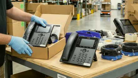Technician packing office phones into a cardboard box beside stacked telephones on a workbench