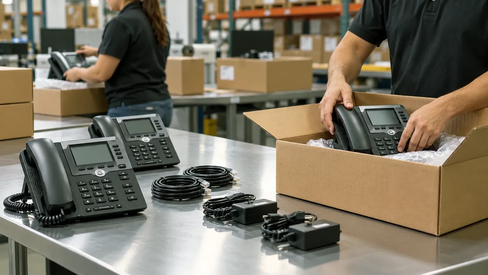 Workers packing black office phones into cardboard boxes on a warehouse table