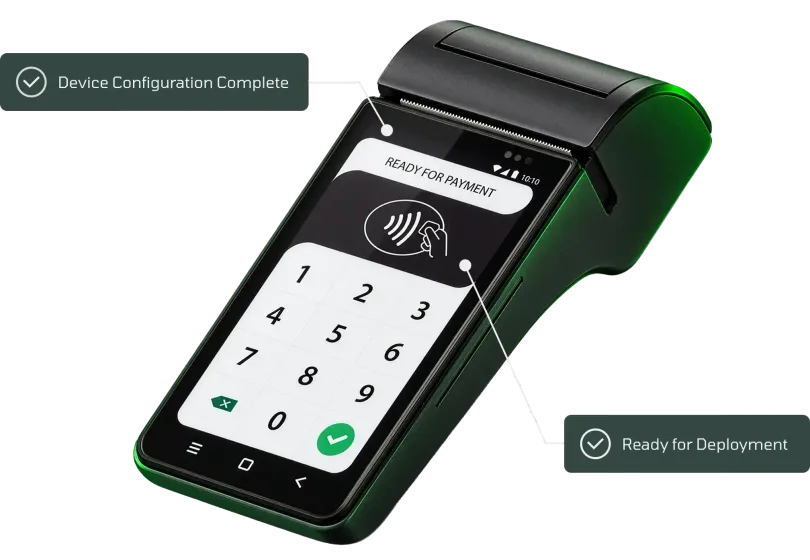 Green handheld point-of-sale terminal showing a contactless payment screen and numeric keypad