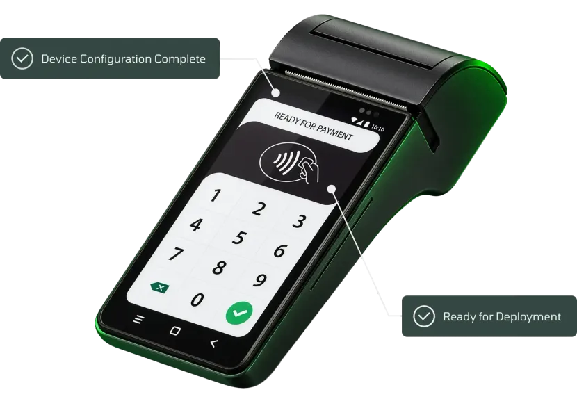 Green handheld point-of-sale terminal showing a contactless payment screen and numeric keypad