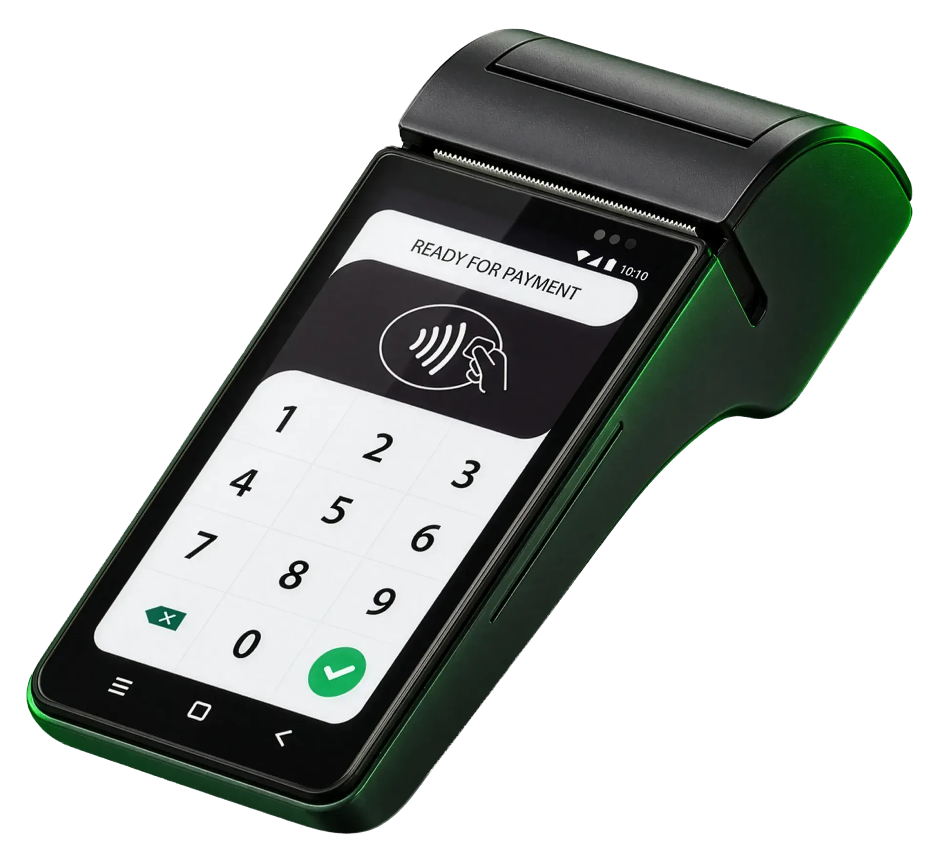 Portable payment terminal with keypad and contactless tap area, angled on a white background