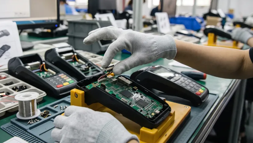 Gloved hands assembling electronic circuit boards at a workstation in a factory lab