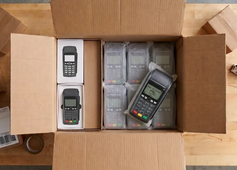Open cardboard box with three mobile phones and packaging inside