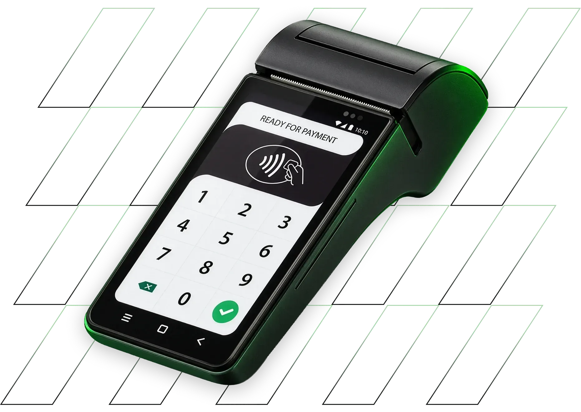 Contactless payment terminal with keypad, angled on a white background with green trim