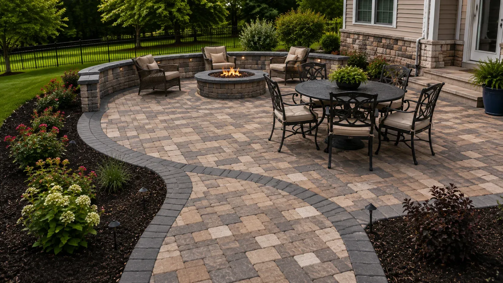 Custom stone patio with a fire pit, showing how to choose the right paver pattern for a patio.