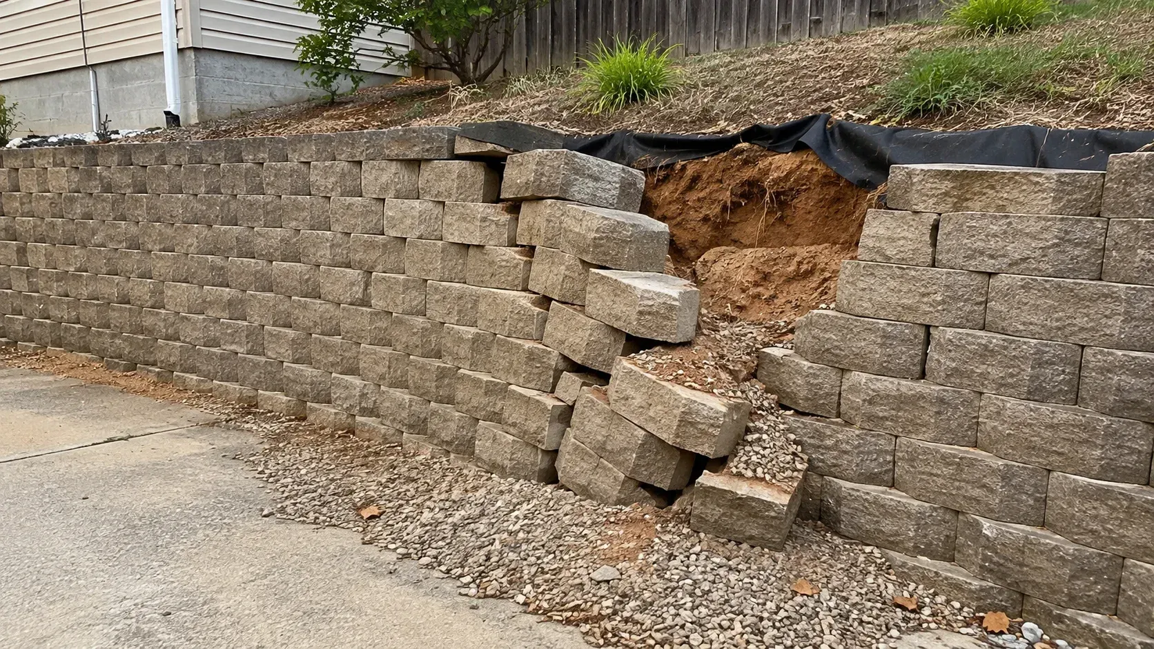 Collapsed concrete block wall with exposed dirt, showing what causes a retaining wall to fail.