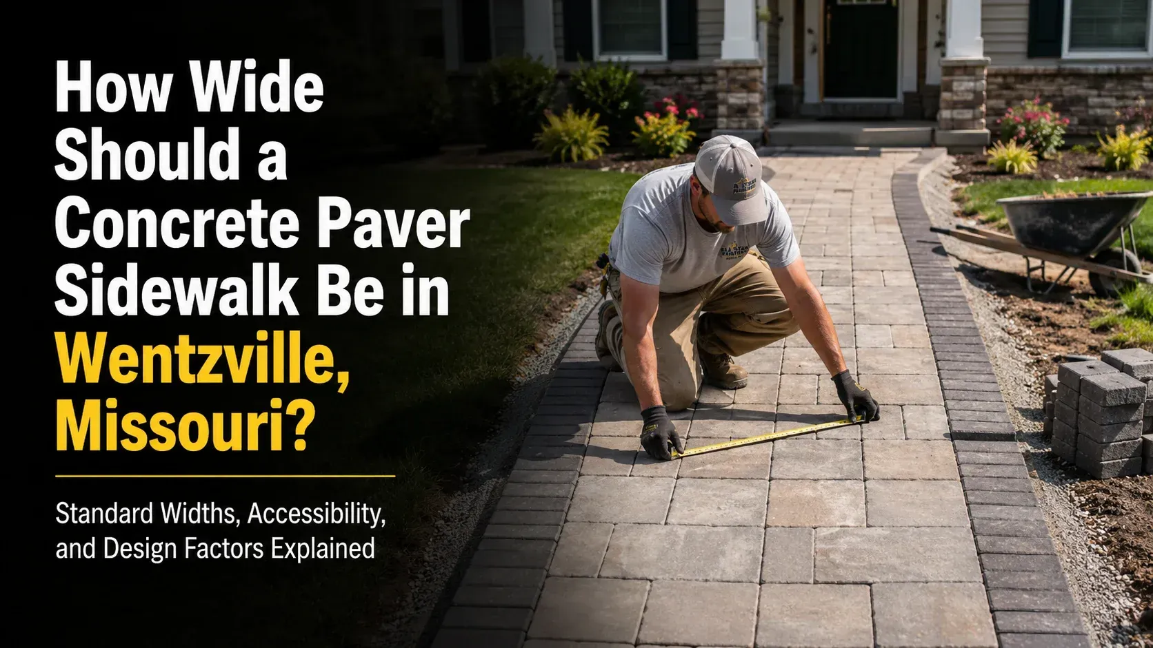 A hardscape installer kneeling on a newly laid paver walkway while measuring its width with a tape measure, demonstrating how wide should a concrete paver sidewalk be.