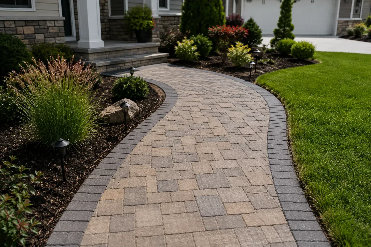 Curved paver walkway, demonstrating how wide should a concrete paver sidewalk be.