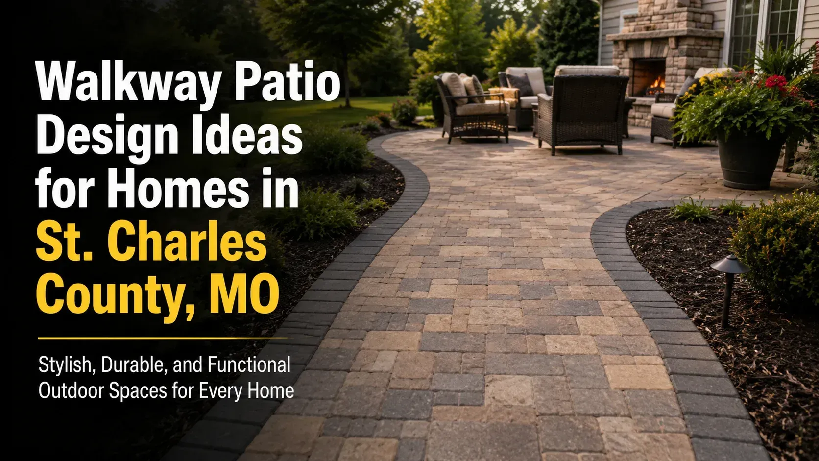 A curved paver walkway featuring a striking charcoal border course next to a manicured lawn, highlighting modern walkway patio design ideas for homes.