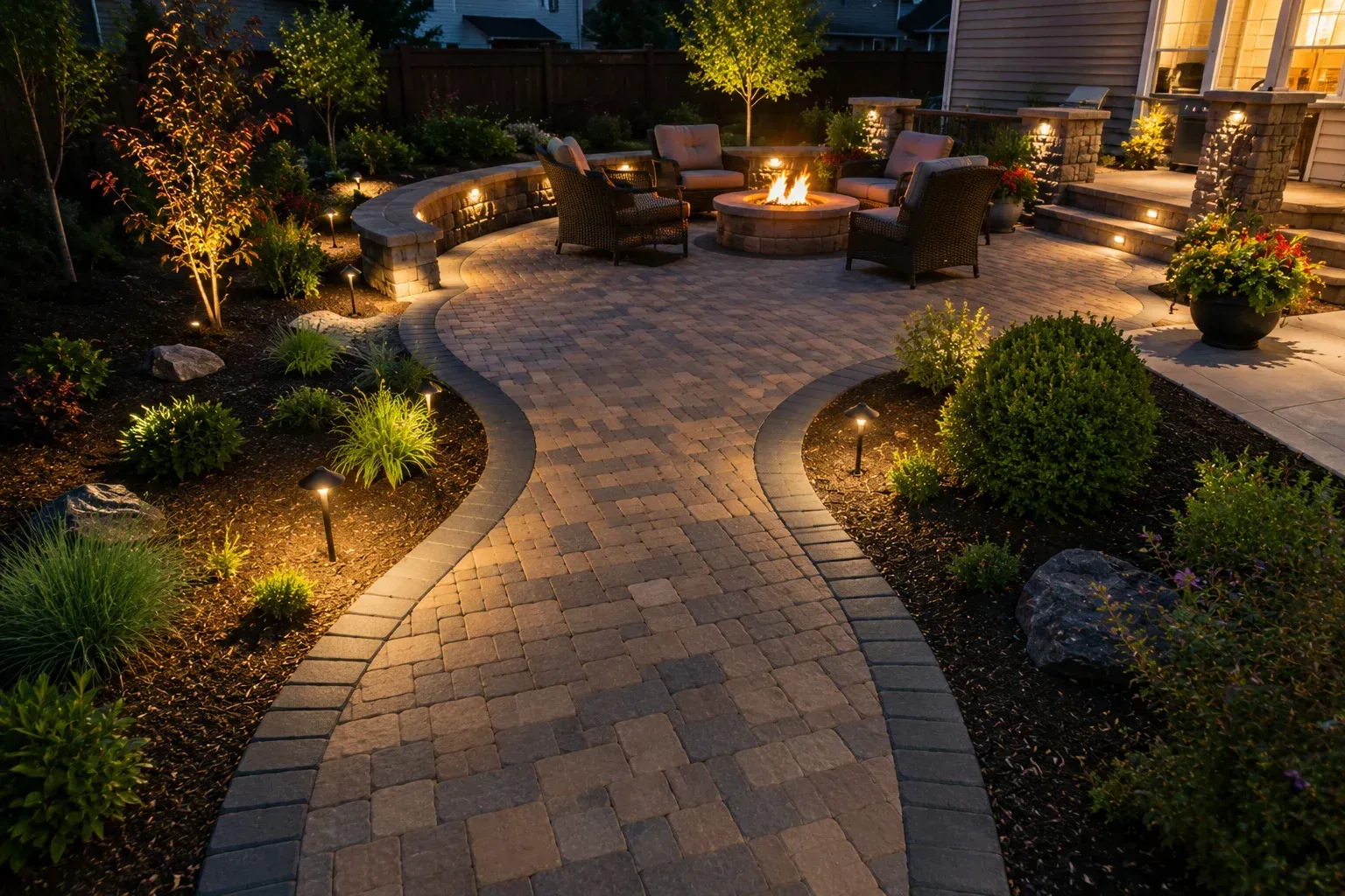 A paver patio with a fire pit and low-voltage lighting, showcasing modern walkway patio design ideas