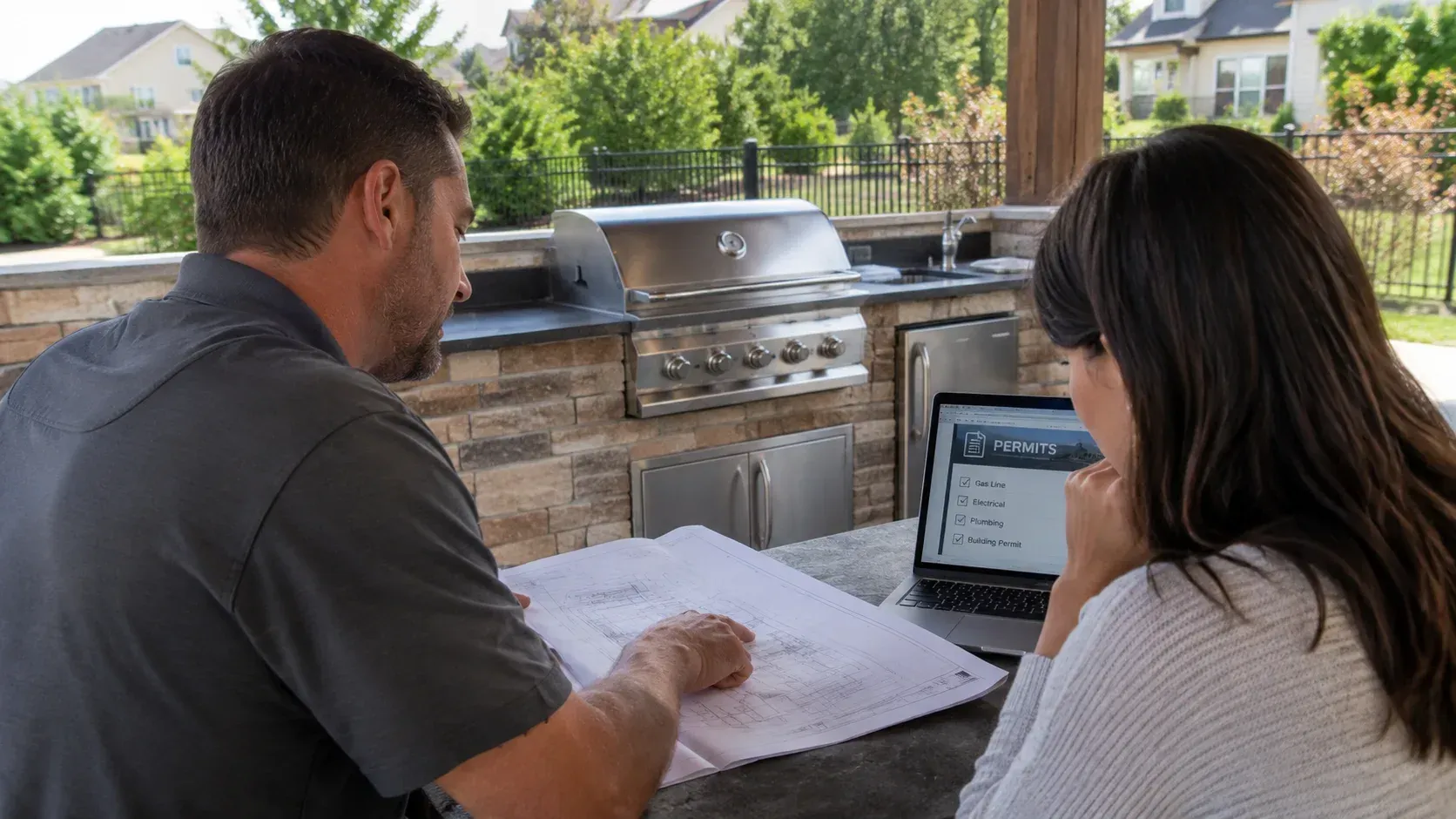 Contractor reviewing plans for a built-in gas grill outdoor kitchen in Wentzville, MO.