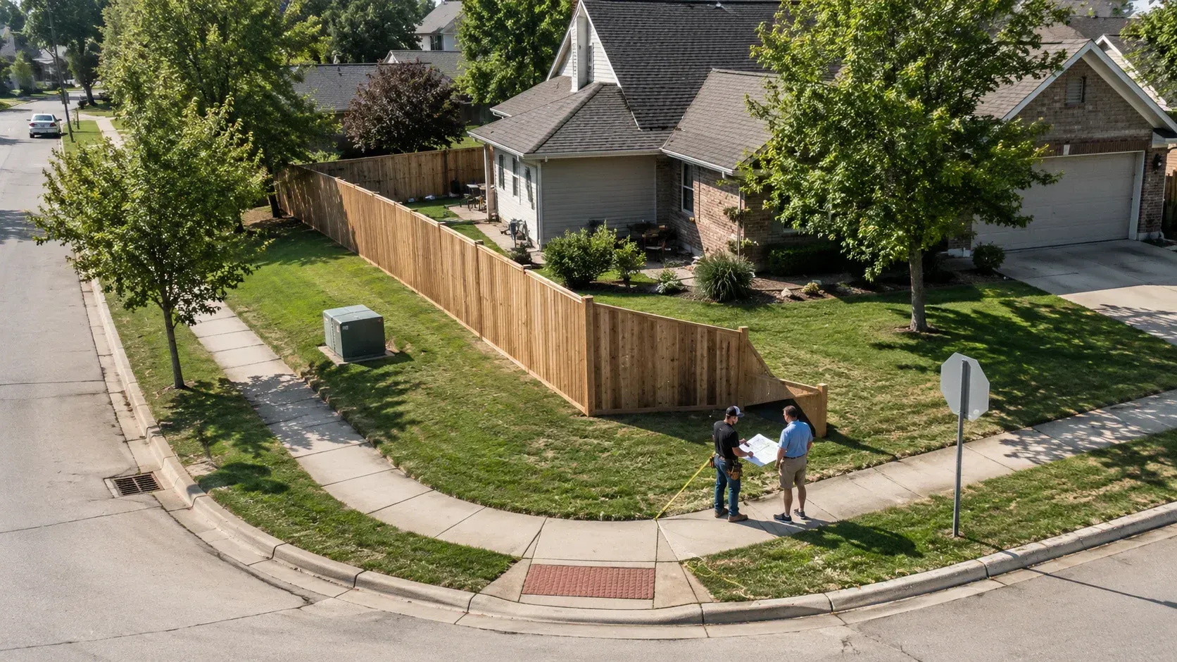Contractors check blueprints for a 6-foot privacy fence on a corner lot in Chesterfield, MO.