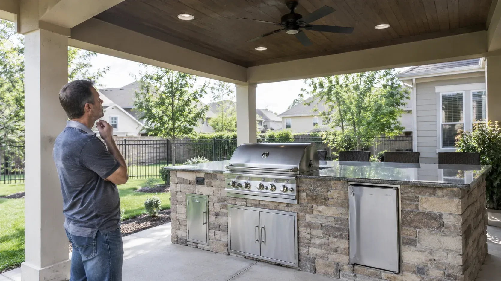 A contractor in a safety vest looking up at a ceiling fan and recessed lighting above a stone built-in grill and outdoor kitchen on a patio, illustrating the key considerations when evaluating Is It Safe to Install an Outdoor Kitchen Directly Under a Covered Patio Roof?.