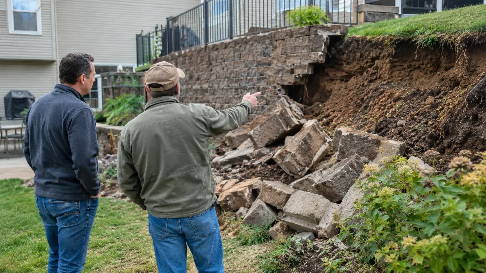 Contractors in vests review blueprints near a collapsed retaining wall in Lake St. Louis.