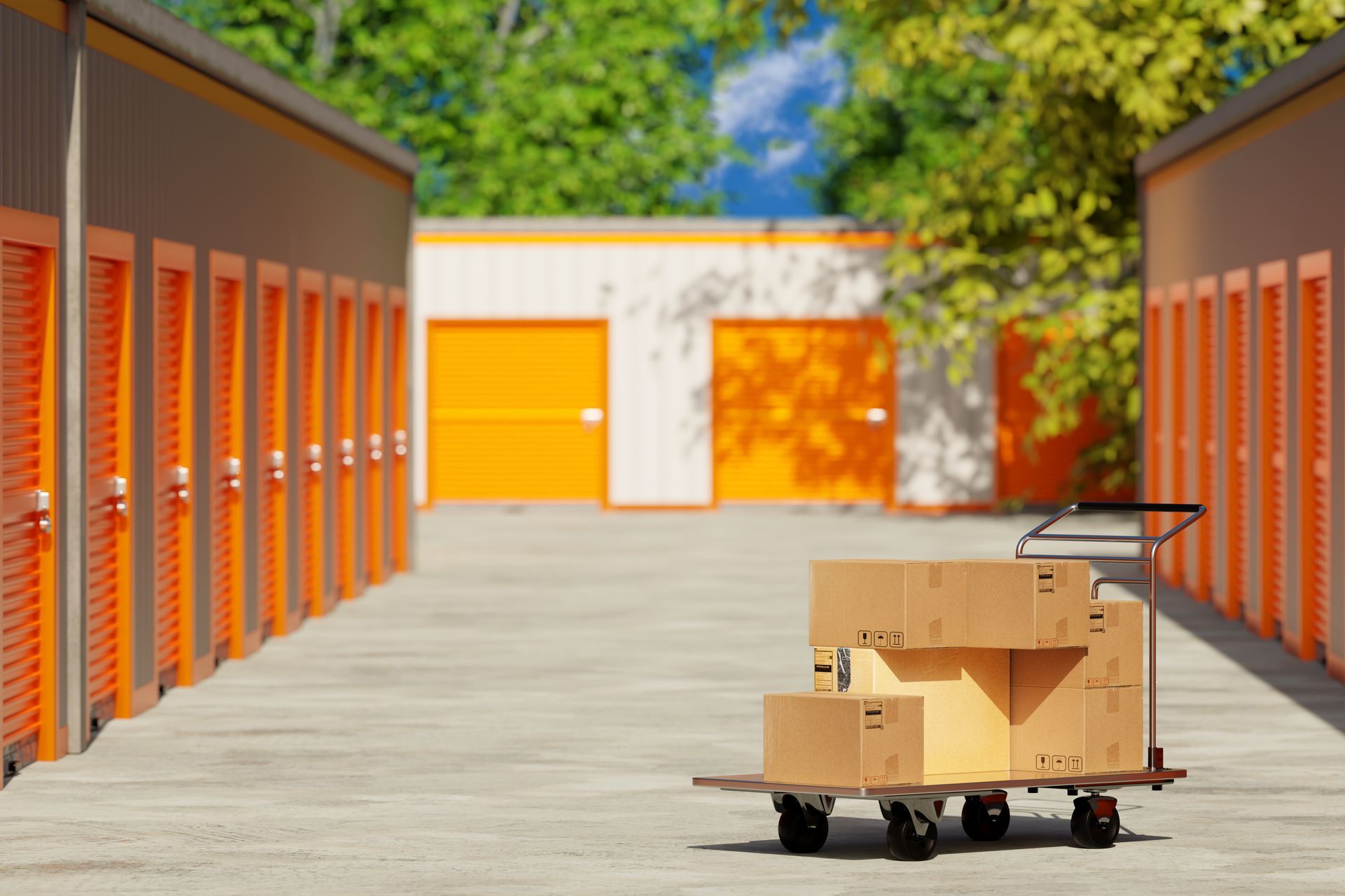 Cardboard boxes on a small cart in a bright storage hallway with orange doors Cardboard boxes on a small cart in a bright storage hallway with orange doors