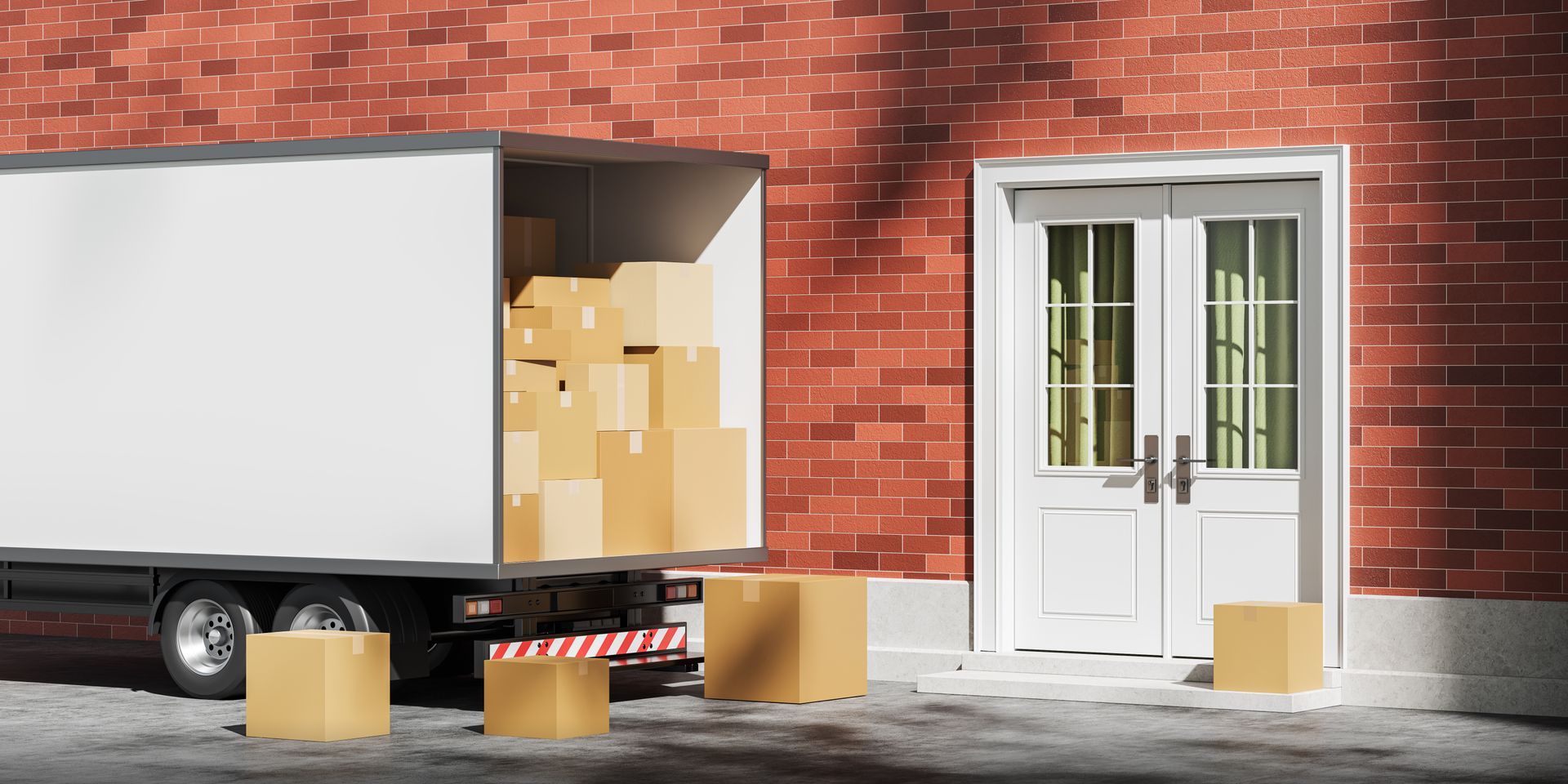 Open moving truck with boxes outside a brick house next to white double doors. Open moving truck with boxes outside a brick house next to white double doors.