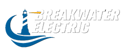 Breakwater Electric logo with blue lighthouse and wave graphic, gray text on white background