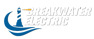 Logo for Breakwater Electric, featuring a stylized lighthouse silhouette above a wave, with bold black text next to it.