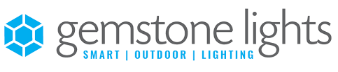 Gemstone Lights logo with blue geometric icon and gray text, plus green and gray tagline “SMART | OUTDOOR | LIGHTING”