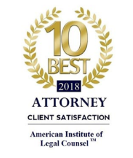 Gold “10 Best 2018 Attorney” client satisfaction award seal from the American Institute of Legal Counsel