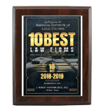 Framed award plaque for “10 Best Law Firms” by the American Institute of Legal Counsel, 2018–2019.