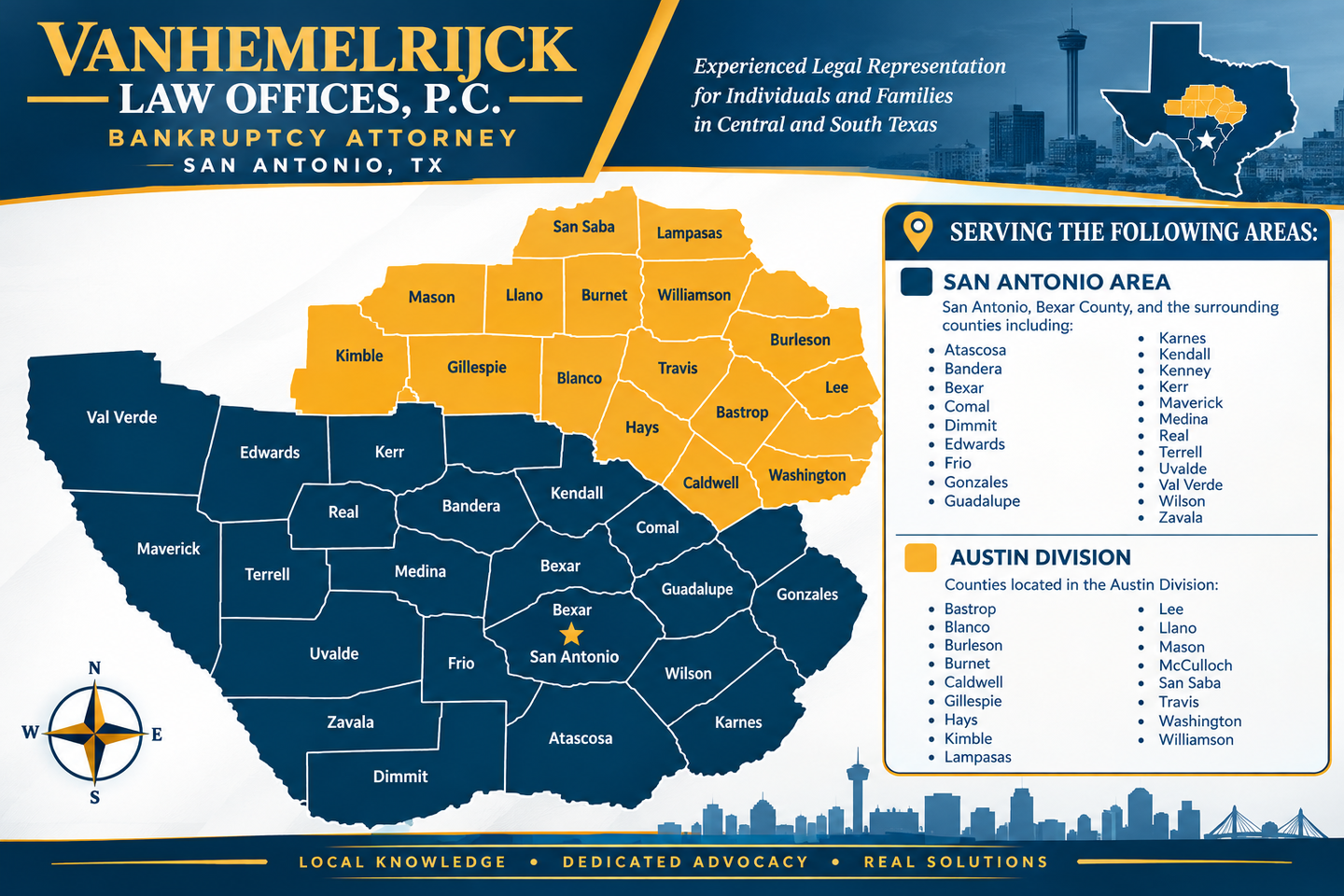 Vanhemelrijck Law Offices P.C. Texas map, service areas, and contact details in blue and gold.
