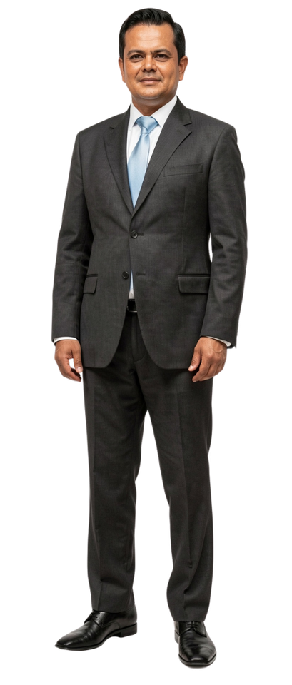 J. Robert Vanhemelrijck in a dark gray suit and blue tie standing against a white background.