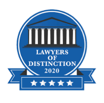 Blue award badge reading “Lawyers of Distinction 2020” with courthouse icon and five stars
