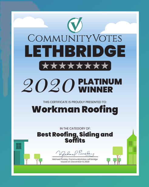 CommunityVotes Lethbridge 2020 Platinum Winner certificate for Workman Roofing,