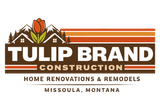 Tulip Brand Construction logo with mountain and tulip graphic, brown and orange text, Missoula, Montana