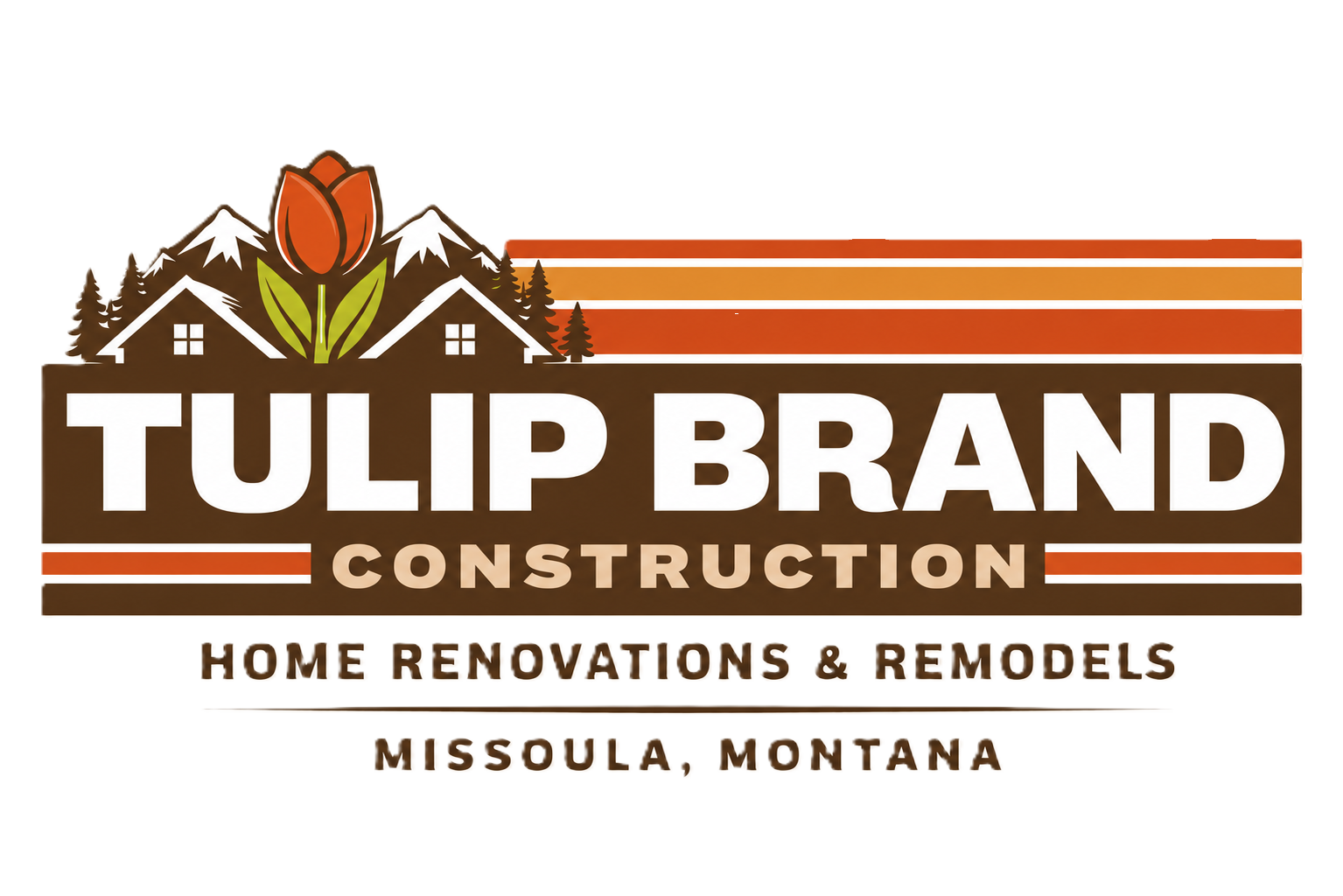 Tulip Brand Construction logo with mountain and tulip graphic, brown and orange text, Missoula, Montana