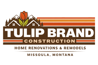 Tulip Brand Construction logo with mountain and tulip graphic, brown and orange text, Missoula, Montana