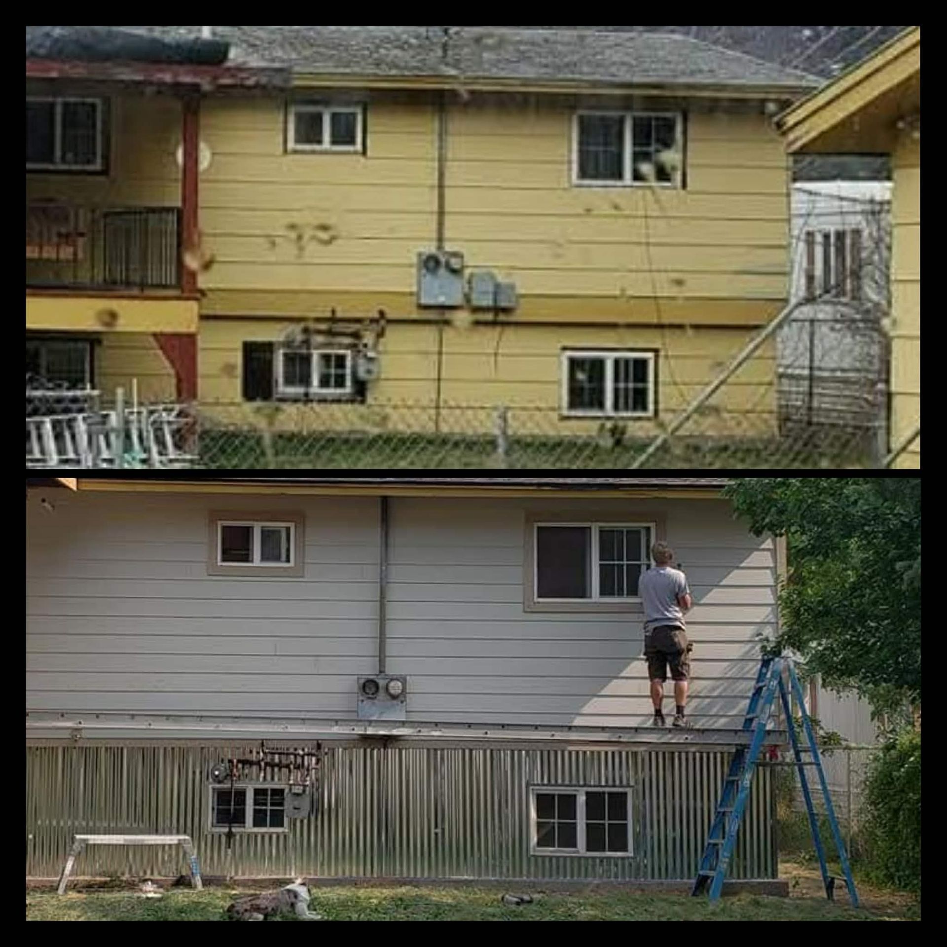 Before-and-after view of a house exterior with a man on a ladder painting the siding.