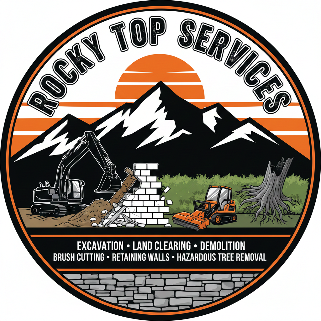 Logo for Rocky Top Services: Excavation, land clearing, demolition, brush cutting, retaining walls, hazardous tree removal.