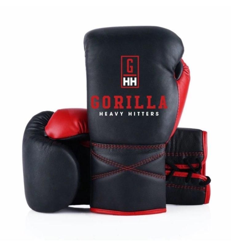 Black and red Gorilla Heavy Hitters boxing gloves displayed on a white background