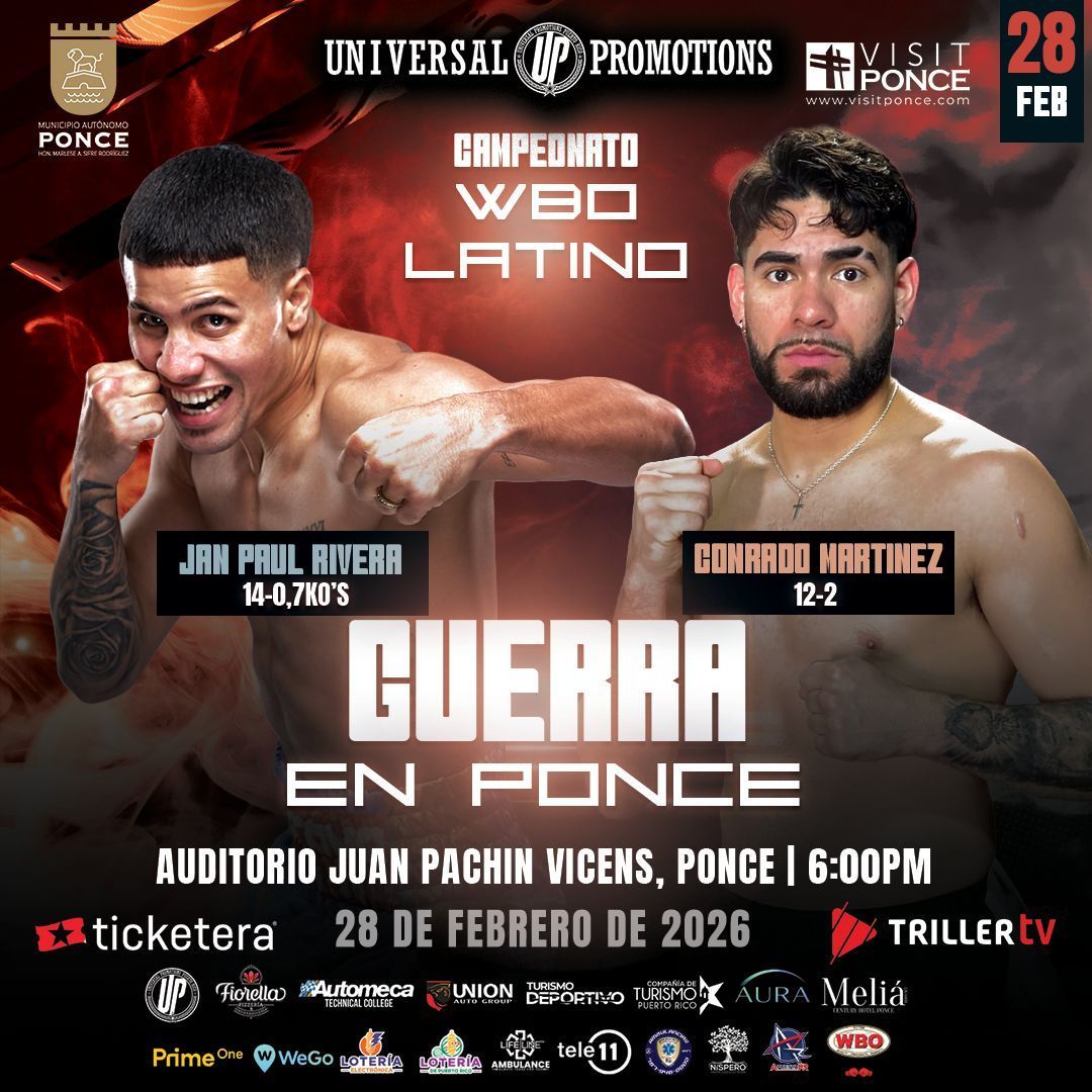 Boxing fight poster: Jhon Jhaler vs Diamond, Guerrero en Ponce, Feb. 28, 2026, Auditorio Juan Pachín Vicens.