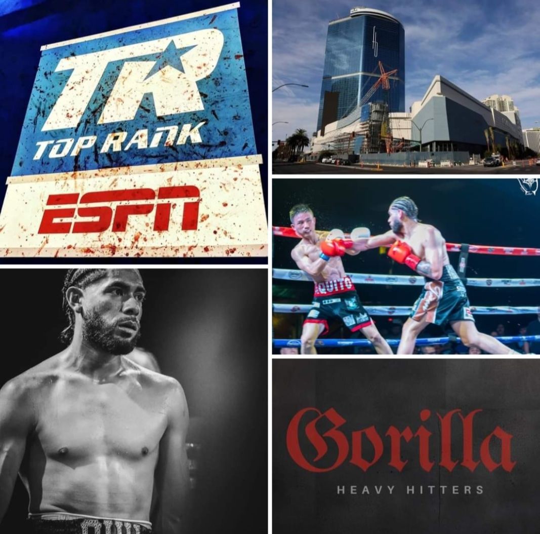 Boxing collage with Top Rank, ESPN, fighters in ring, black-and-white portrait, and Gorilla Heavy Hitters logo