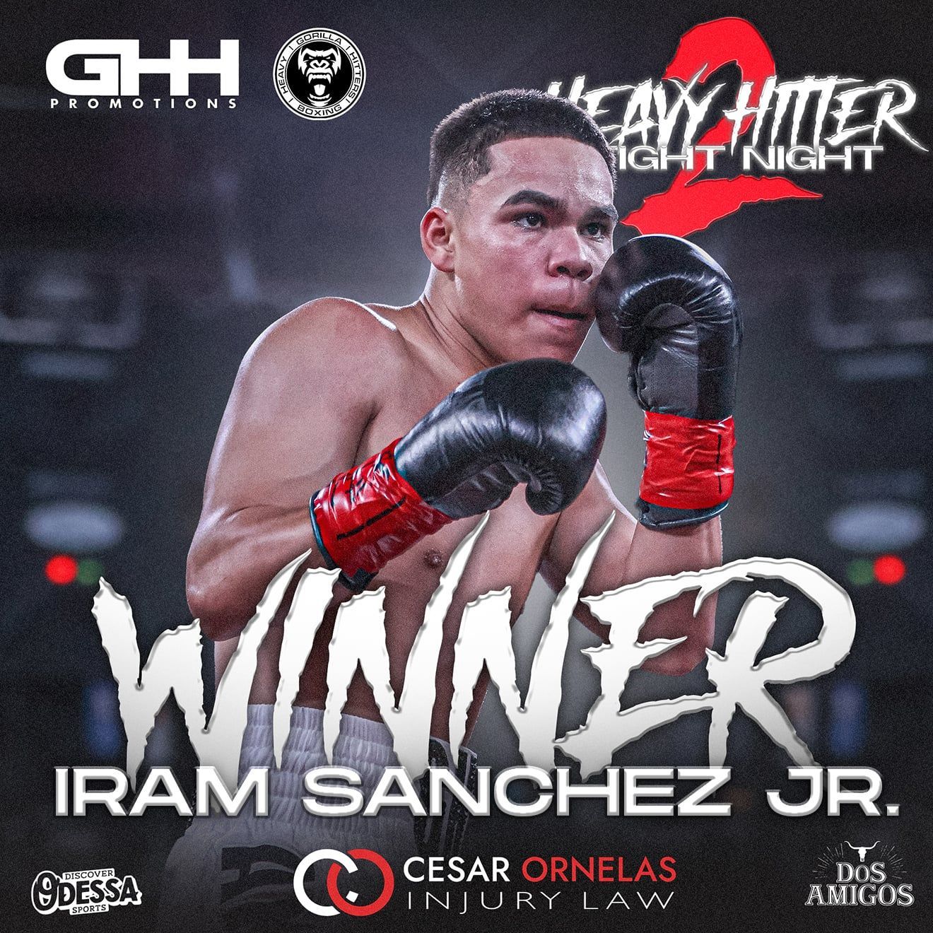 Boxer Iram Sanchez Jr. in red gloves, posed against a dark fight-night poster background with “Winner” text.