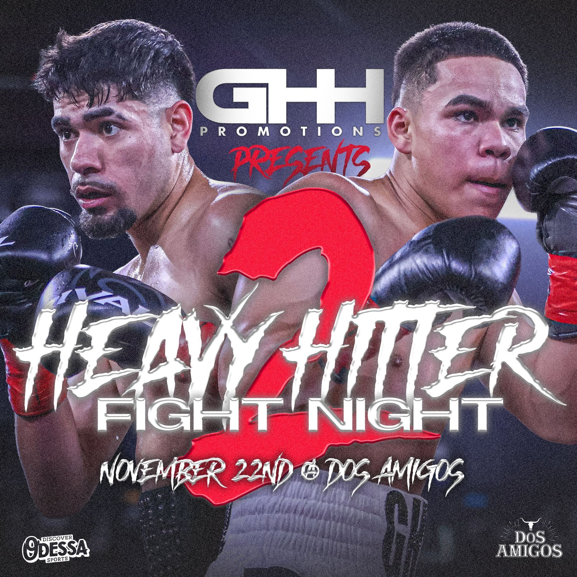 Heavy hitter fight night poster with two boxers and bold red “2” on a dark background.