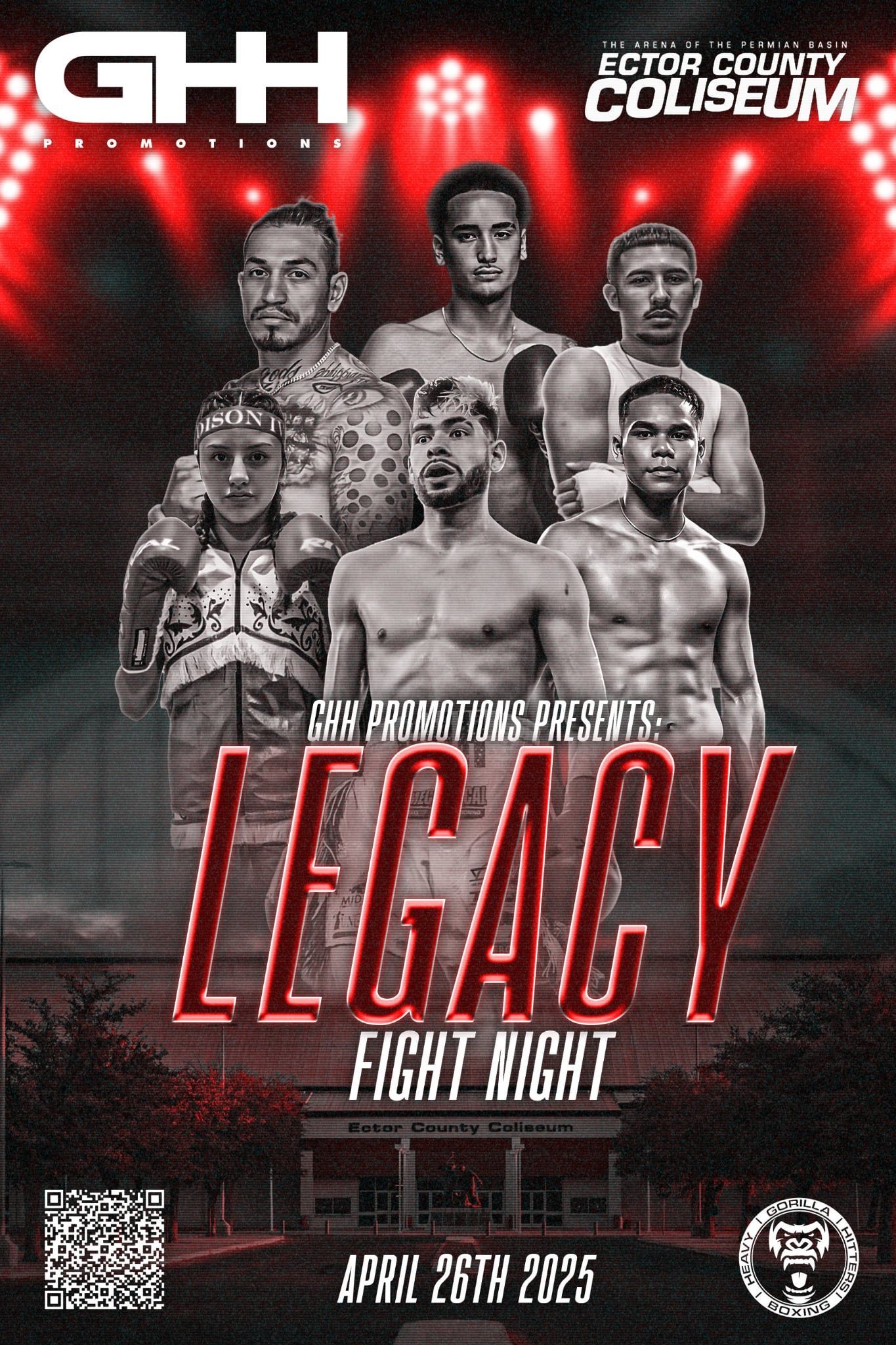 MMA fight poster with six fighters, red-black background, and bold title “LEGACY Fight Night”