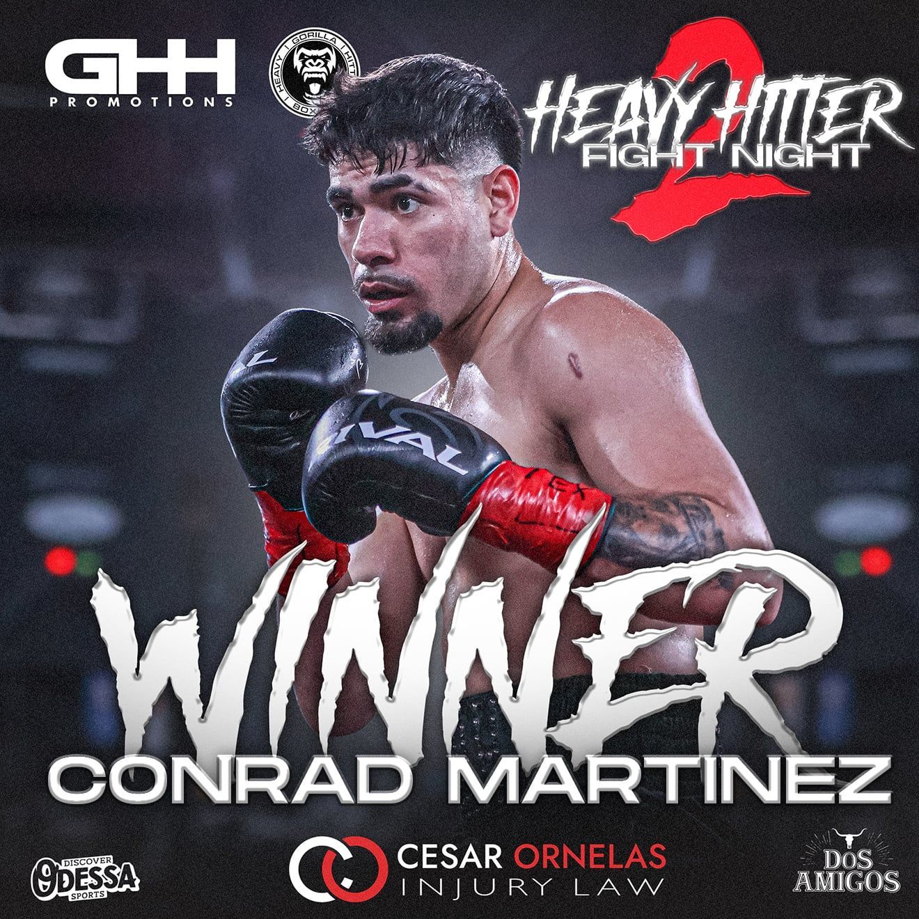 Boxer Conrad Martinez in black gloves poses for Heaviest Fight Night 2 poster, with “Winner” text.