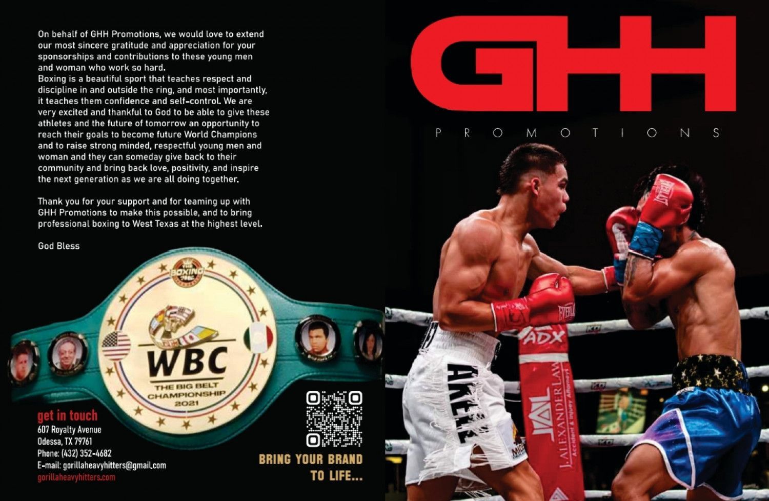 Boxing promo poster with two fighters, a WBC championship belt, and G+H branding on a black background