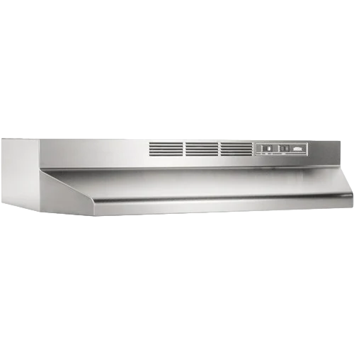 Stainless steel wall-mounted range hood with vents and control buttons