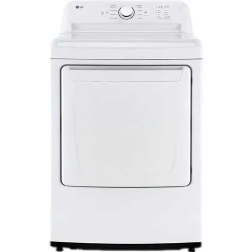 White top-load clothes dryer with front door and control dial on top