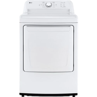 White top-load clothes dryer with front door and control dial on top