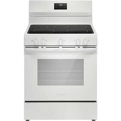 White stainless steel freestanding electric range with digital display and oven door