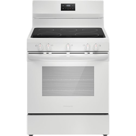 White stainless steel freestanding electric range with digital display and oven door