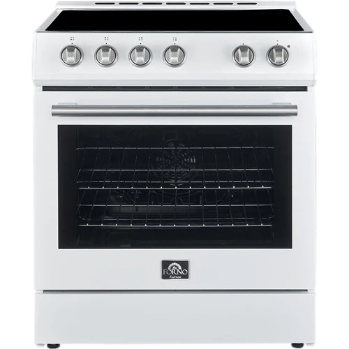 White freestanding stainless steel gas range oven with six knobs and glass oven door