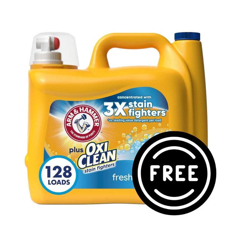 Arm & Hammer laundry detergent jug with “FREE” badge and “128 loads” label